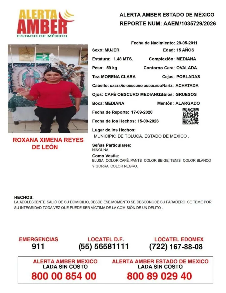 Alerta Amber: Se busca a Roxana Ximena Reyes de León, desaparecida en Toluca
