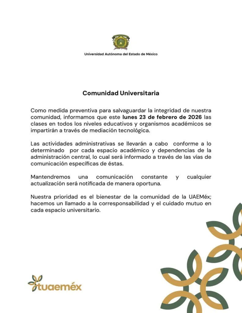 UAEMéx suspende clases presenciales en estos espacios académicos este 23 de febrero