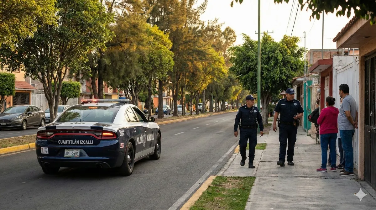 Patrulla y elementos de la policía municipal de Cuautitlán Izcalli realizando labores de vigilancia para reducir delitos de alto impacto.