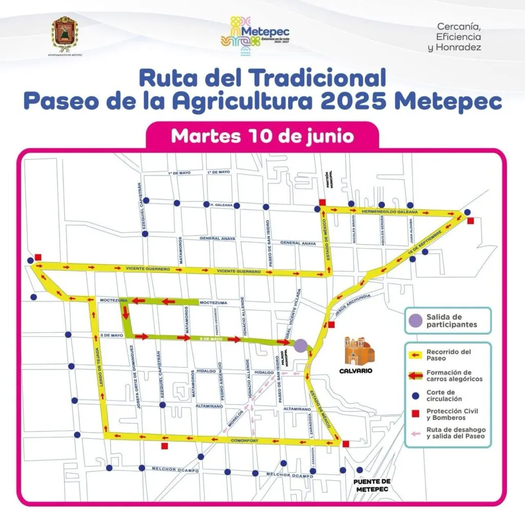 Anuncian cierre vial por el Tradicional Paseo de la Agricultura en Metepec 2025