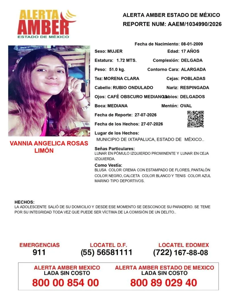 Alerta Amber: Se busca a Vannia Angélica Rosas Limón; desapareció en Ixtapaluca