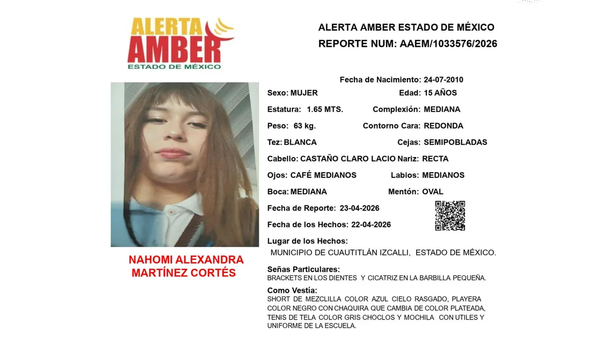 Alerta Amber: Se busca a Nahomi Alexandra Martínez Cortés, desaparecida en Cuautitlán Izcalli
