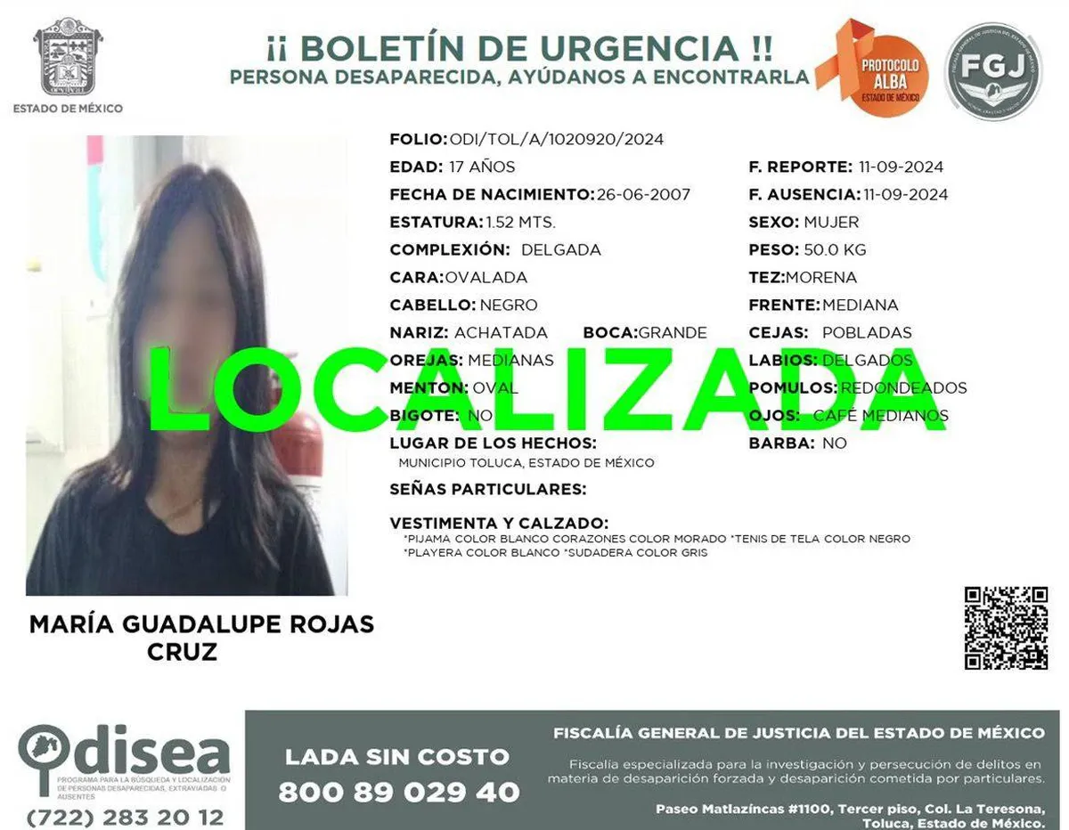 Localizan a adolescente desaparecida en Tultepec; Fiscalía investiga posibles delitos