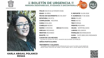 Boletín de urgencia emitido por la FGJEM bajo el Protocolo Alba para localizar a Karla Abigail Polanco Rosas, joven de 19 años desaparecida en Ecatepec.