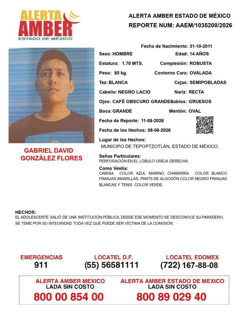 Alerta Amber: Se busca a Gabriel David González Flores, desaparecido en Tepotzotlán