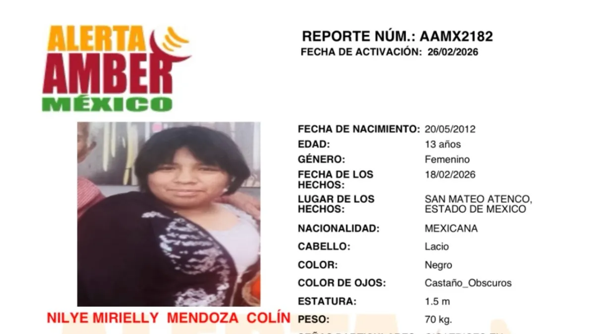 Activan Alerta Amber para localizar a Nilye Mirielly Mendoza, menor de 13 años desaparecida en San Mateo Atenco, Estado de México.