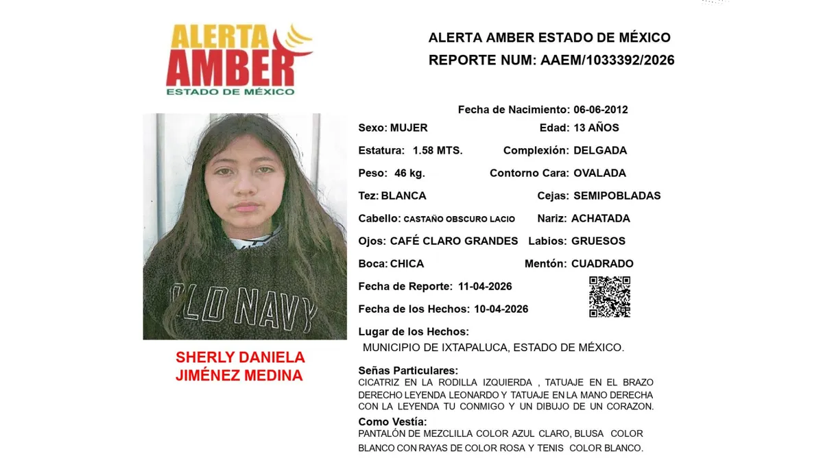 Alerta Amber: Se busca a Sherly Daniela Jiménez Medina, desaparecida en Ixtapaluca