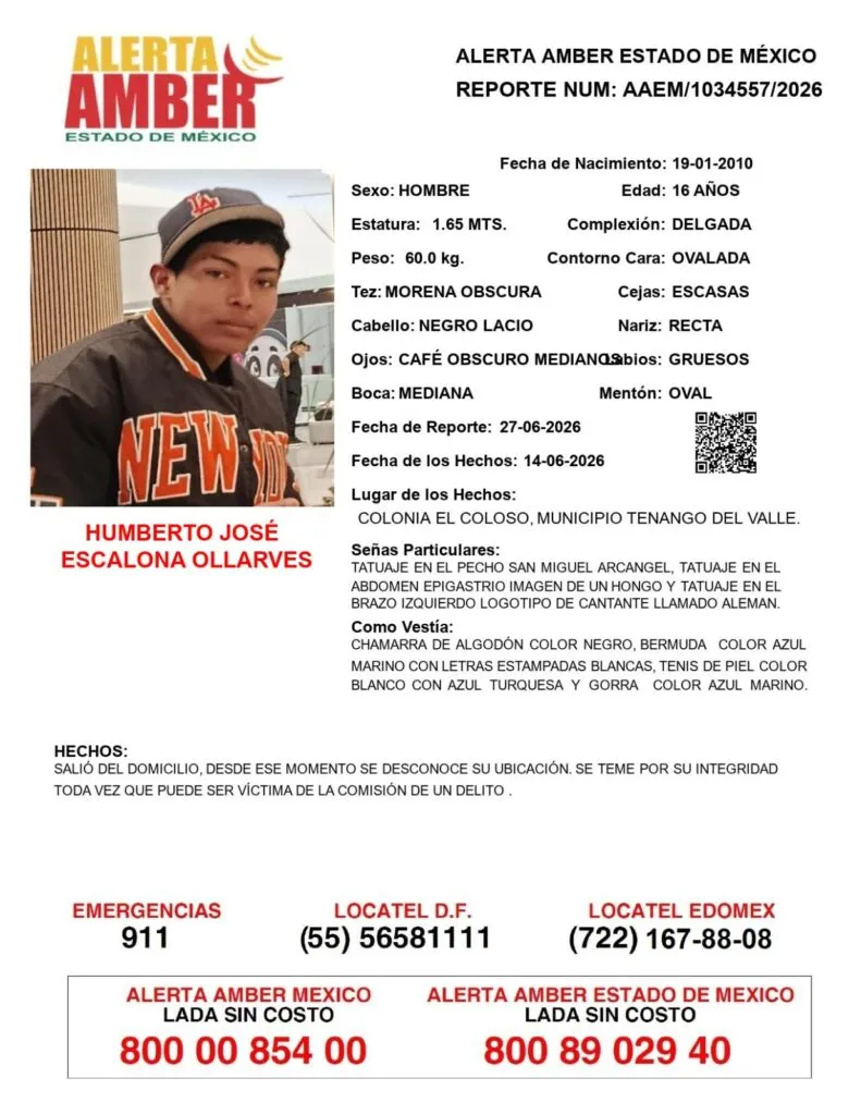 Alerta Amber: Se busca a Humberto José Escalona Ollarves, desapareció en Tenango del Valle