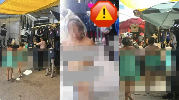 Rapan y desnudan a ladronas en tianguis de Texmelucan, Puebla. Comerciantes hartos de los robos las exhibieron y las autoridades ya investigan.