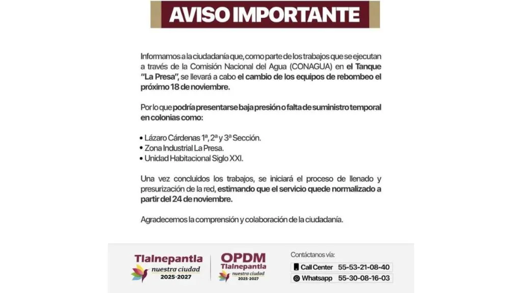 Colonias de Tlalnepantla se verán afectadas por trabajos en Tanque La Presa