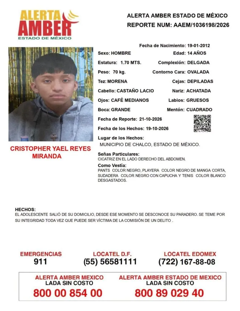 Alerta Amber: Se busca a Christopher Yael Reyes Miranda, desaparecido en Chalco