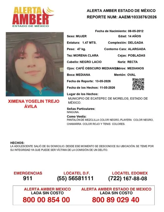 Alerta Amber: Se busca a Ximena Yoselin Trejo Ávila; desapareció en Ecatepec