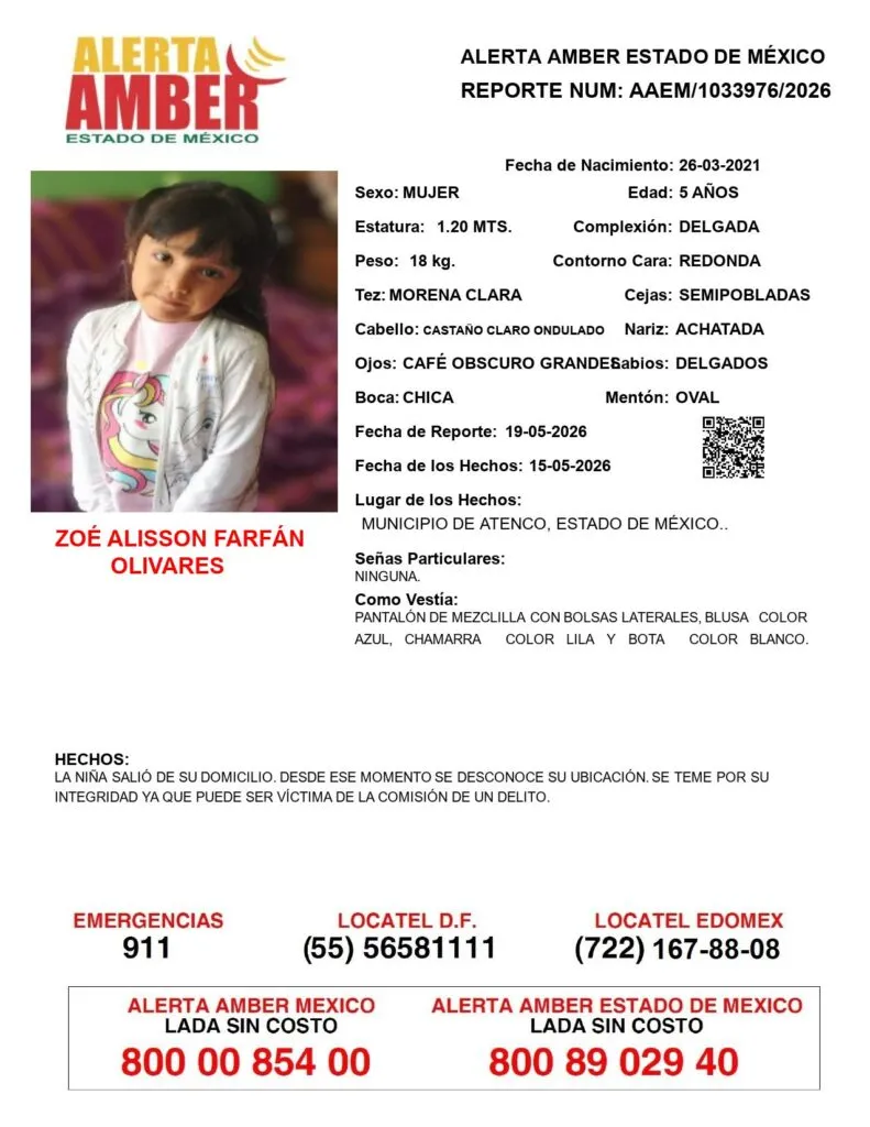 Alerta Amber: Se busca a Zoe Alisson Farfán Olivares; desapareció en Atenco