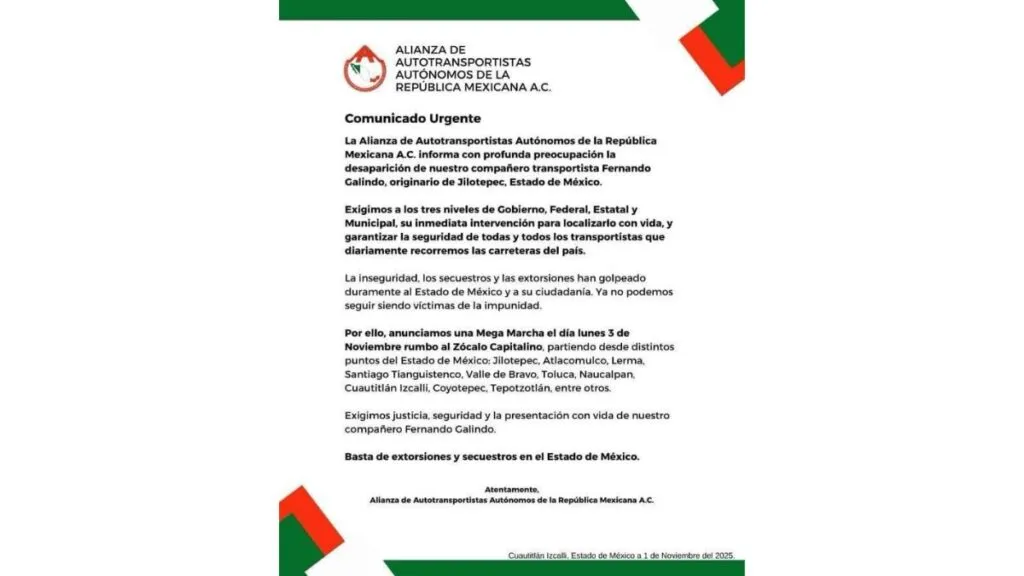 Transportistas del Edomex anuncian Megamarcha el 3 de noviembre por desaparición de compañero