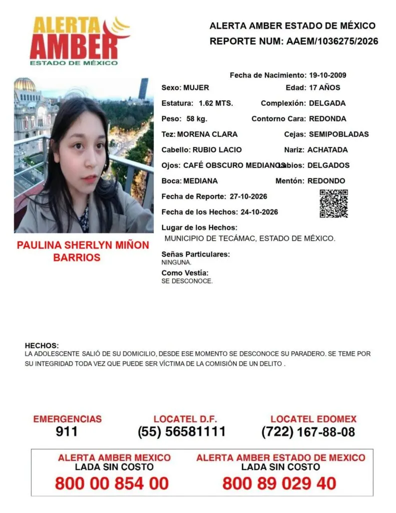 Alerta Amber: Se busca a Paulina Sherlyn Miñón Barrios, desaparecida en Tecámac
