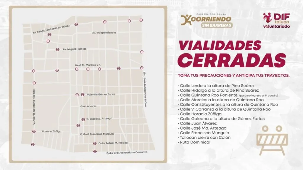 Calles de Toluca cerradas por carrera atlética hoy 30 de noviembre