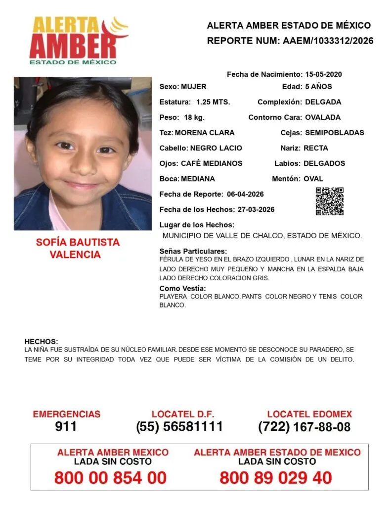 Alerta Amber: Se busca a Sofía Bautista Valencia de 5 años, desapareció en Valle de Chalco