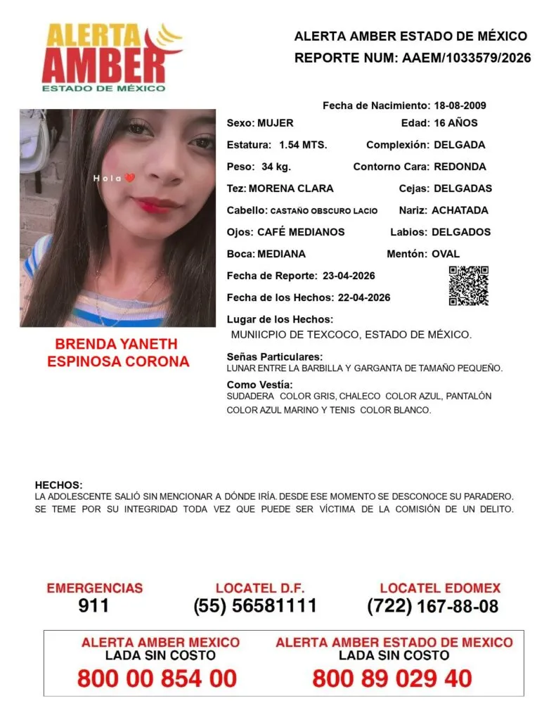 Alerta Amber: Se busca a Brenda Yaneth Espinosa Corona de 16 años, desapareció en Texcoco