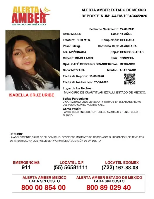 Alerta Amber: Se busca a Isabella Cruz Uribe; desapareció en Izcalli