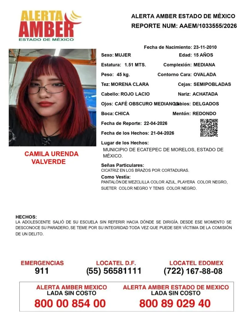 Alerta Amber: Se busca a Camila Urenda Valverde,  desaparecida en Ecatepec