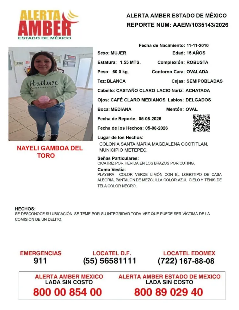 Alerta Amber: Se busca a Nayeli Gamboa del Toro, desapareció en Metepec