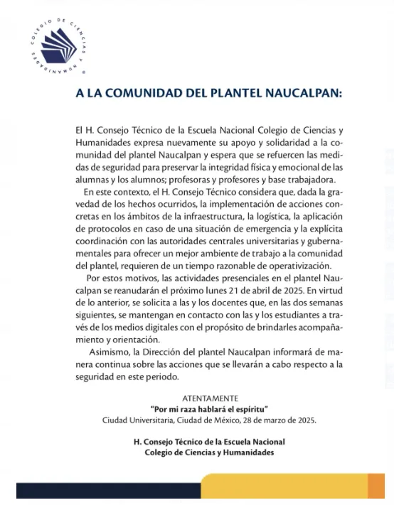 No habrá clases en CCH Naucalpan hasta después de Semana Santa