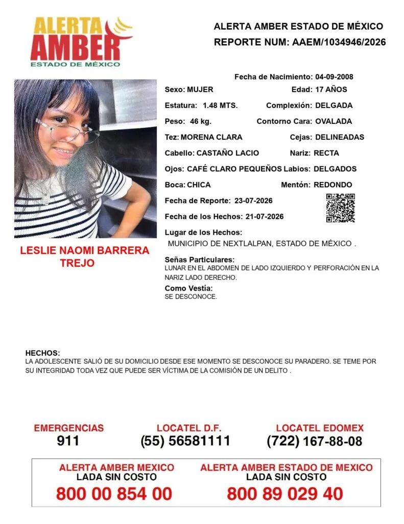 Alerta Amber: Se busca a Leslie Naomi Barrera Trejo; desapareció en Nextlalpan