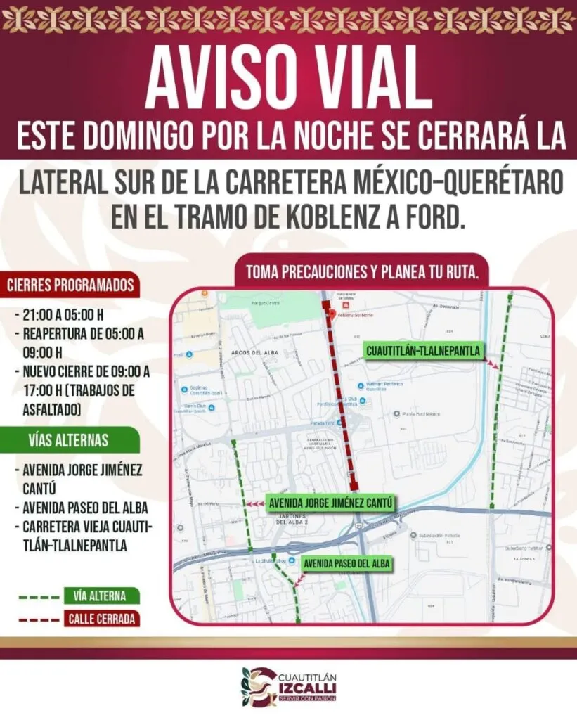 Cierran lateral sur de la México-Querétaro en Cuautitlán Izcalli por trabajos programados