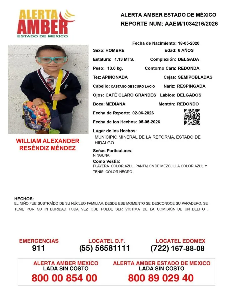 Alerta Amber: Se busca a William Alexander Reséndiz Méndez