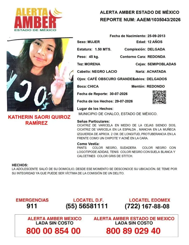 Alerta Amber: Se busca a Katherin Saori Quiroz Ramírez, desaparecida en Chalco
