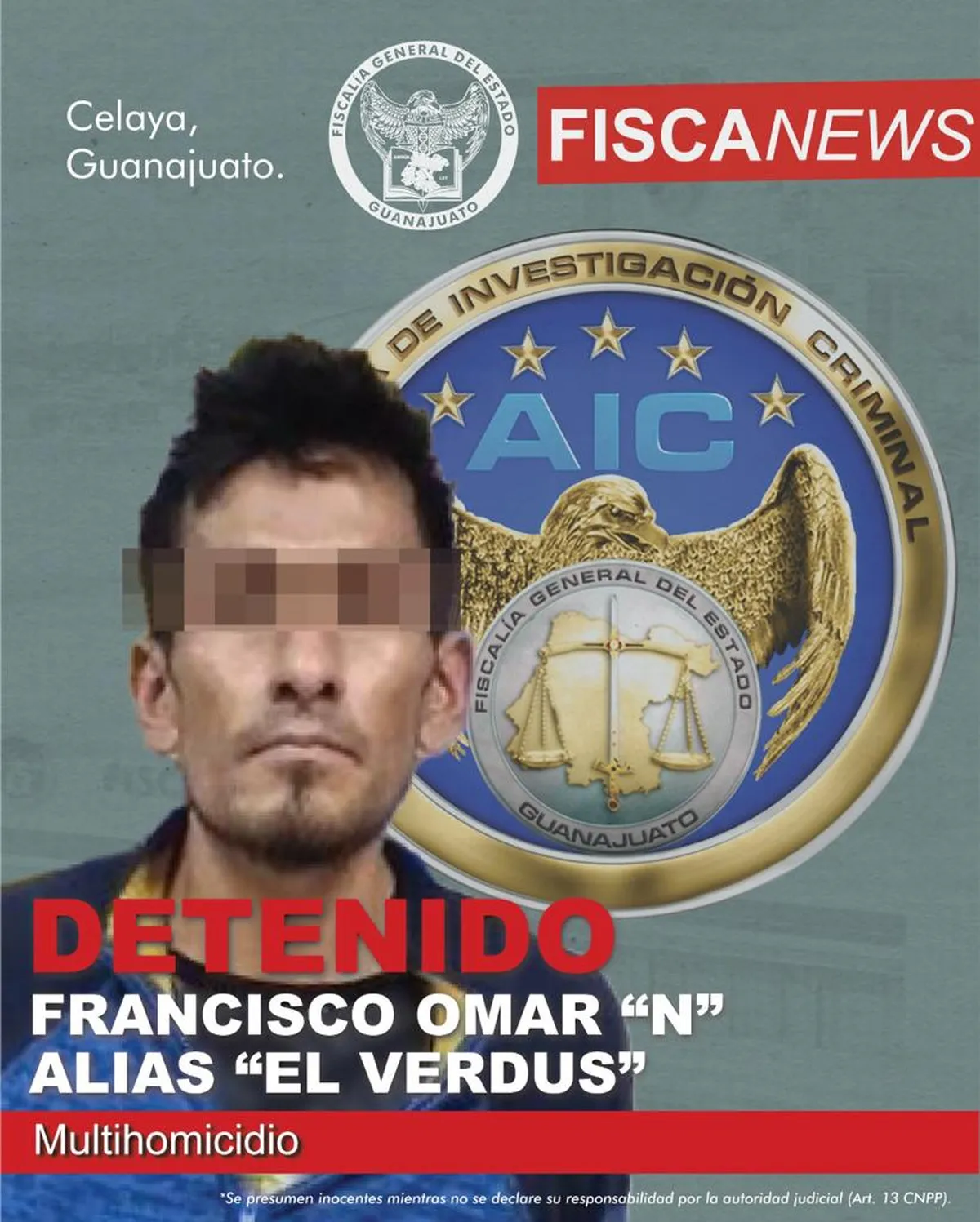 Francisco Omar "N", alias "Verdus" es el presunto homicida de los cinco jóvenes estudiantes de medicina que el pasado 3 de diciembre fueron asesinados en la Colonia Primera Fracción de Crespo en Celaya, Guanajuato. Foto: Fiscalía