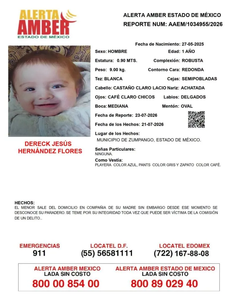 Alerta Amber: Se busca a Dereck Jesús Hernández Flores, desaparecido en Zumpango