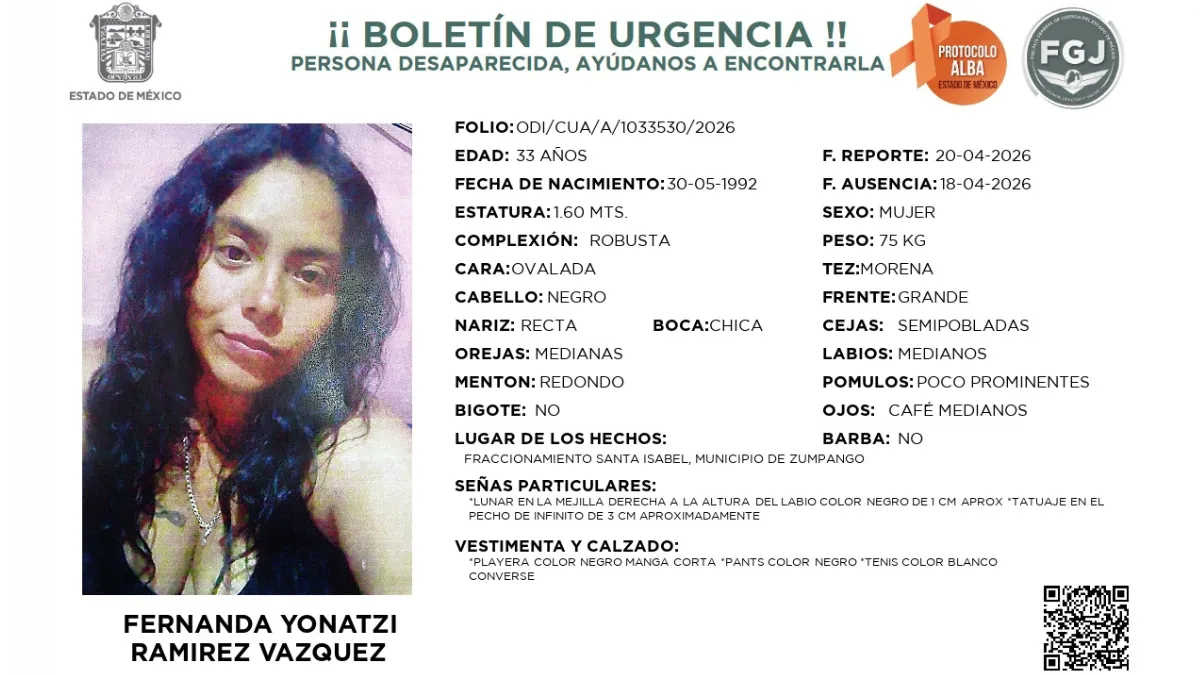 Boletín de búsqueda de Fernanda Yonatzi Ramírez Vázquez, de 33 años, desaparecida en Zumpango, Estado de México.