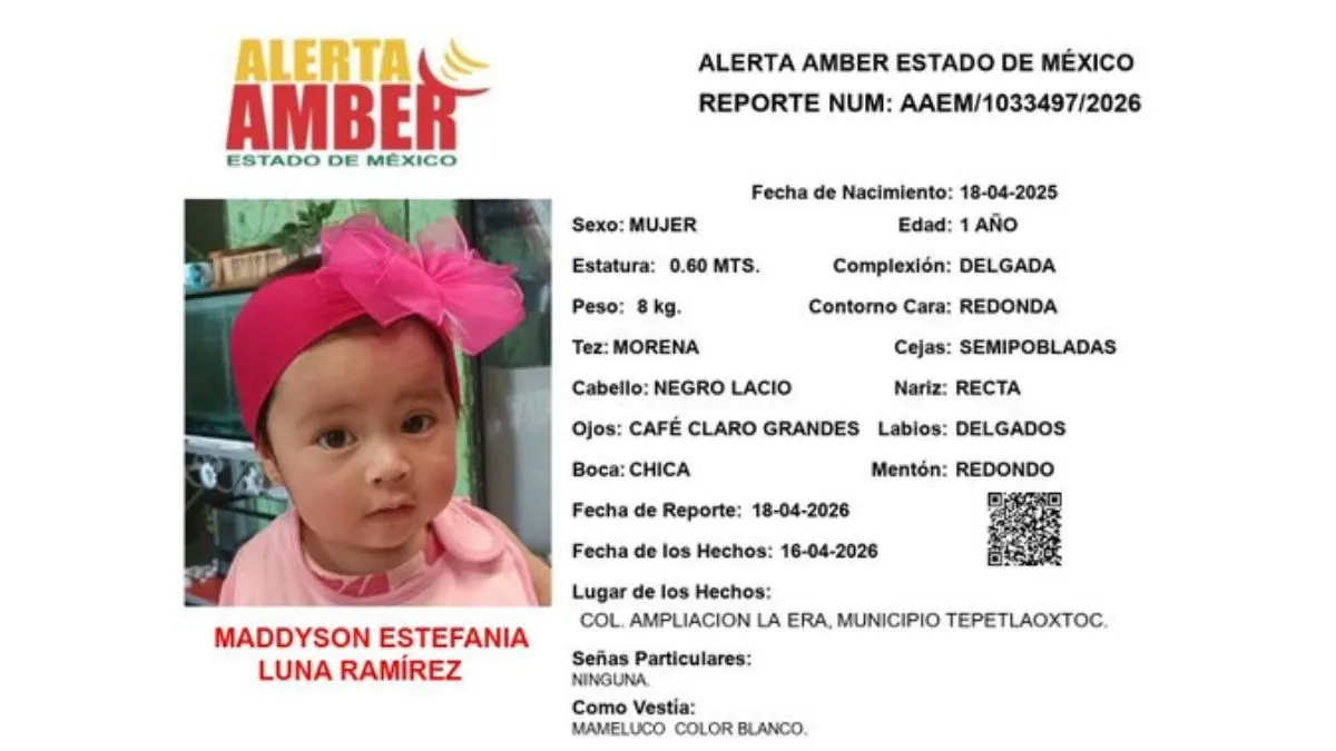 Alerta Amber: Se busca a Maddyson Estefanía Luna Ramírez; desapareció en Tepetlaoxtoc 