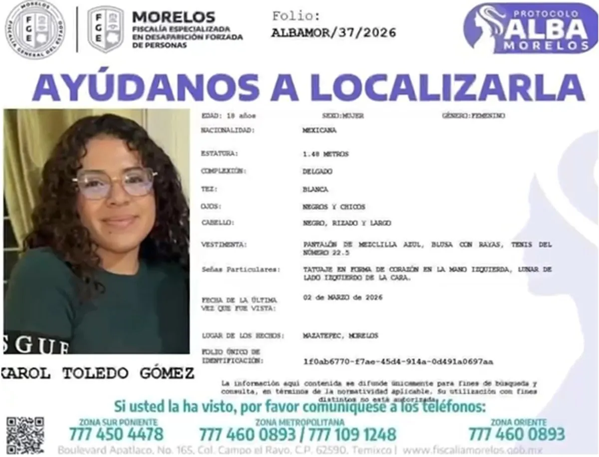 Karol Toledo Gómez, de 18 años, quien fue reportada como desaparecida desde el pasado 2 de marzo.