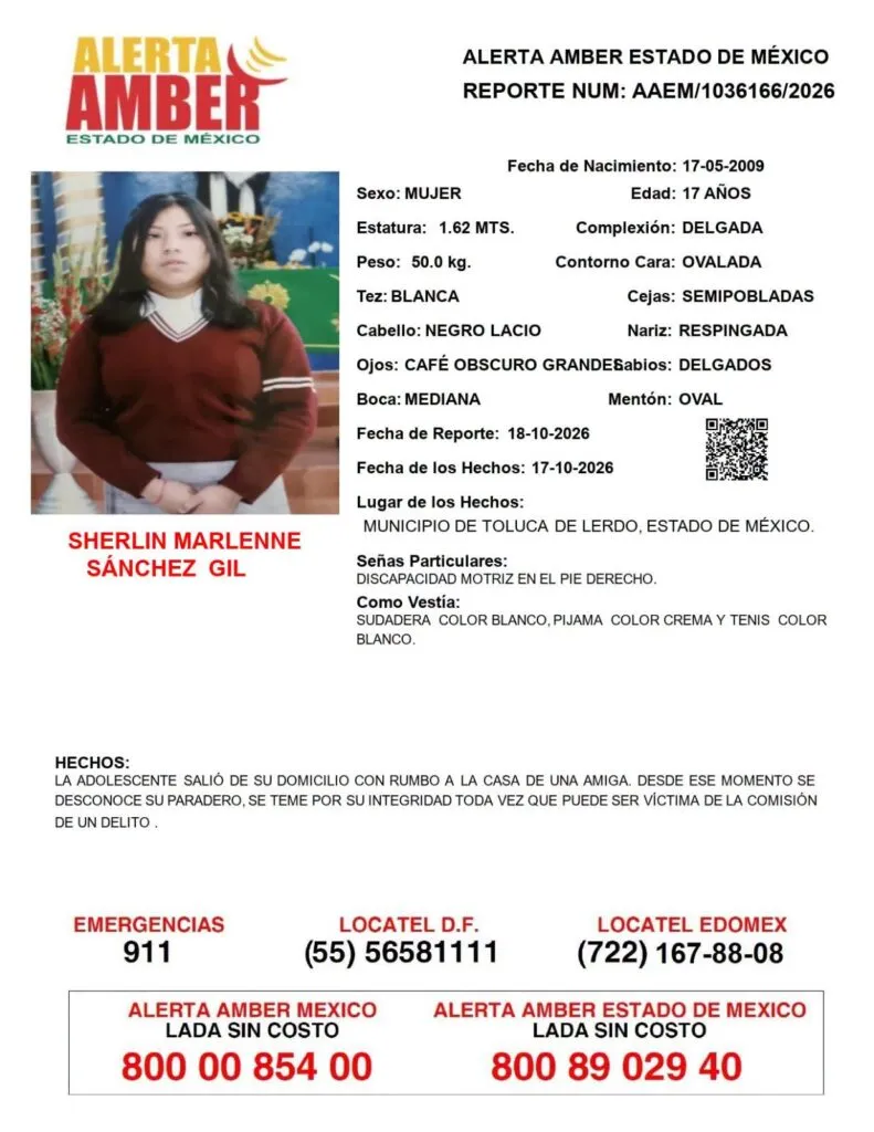 Alerta Amber: Se busca a Sherlin Marlenne Sánchez Gil, desaparecida en Toluca