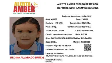 Alerta Amber oficial para localizar a Regina Alvarado Muñoz, de 7 años, desaparecida en Nicolás Romero, Estado de México.