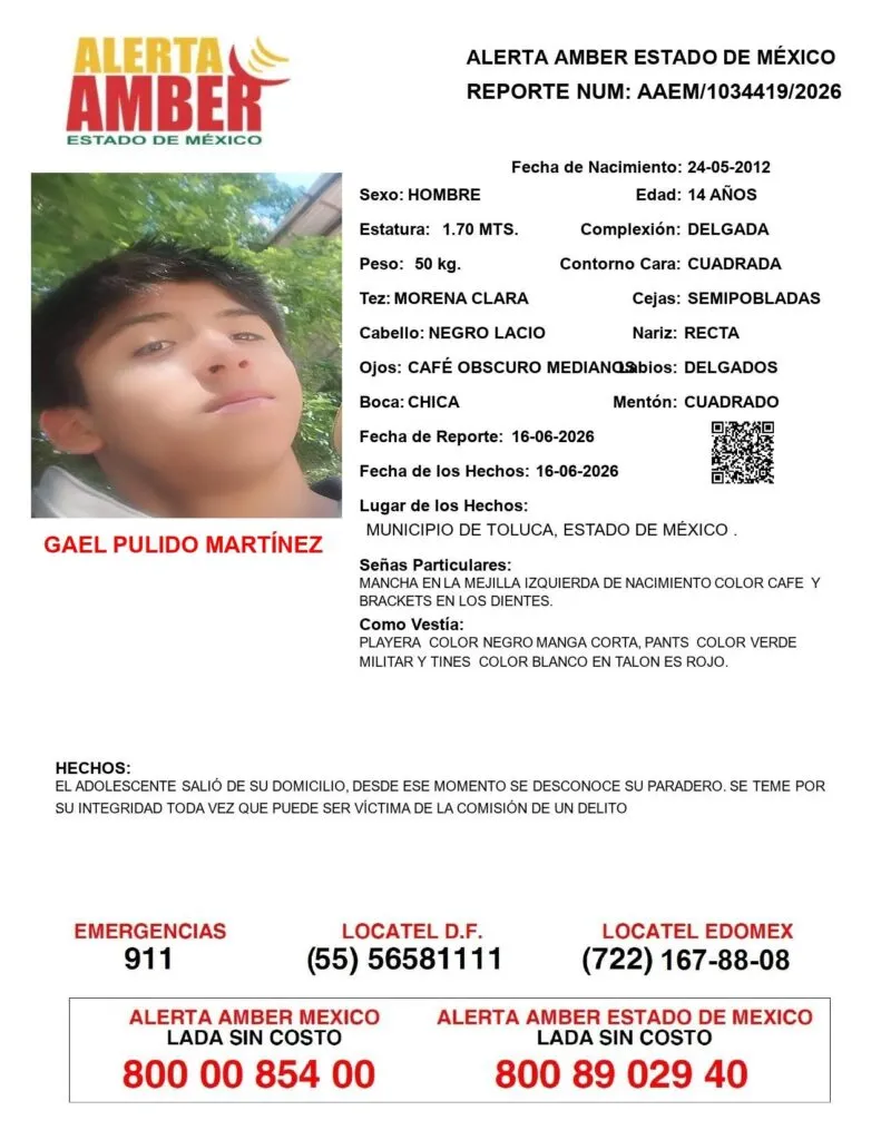 Alerta Amber: Se busca a Gael Pulido Martínez, desaparecido en Toluca