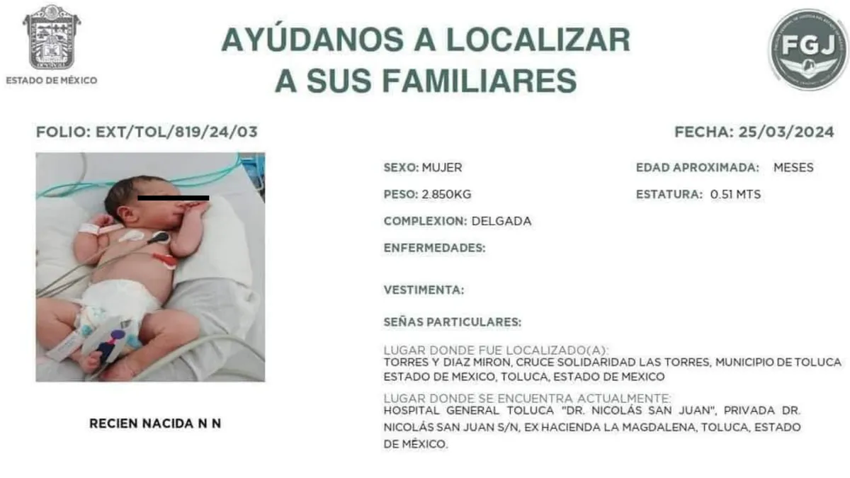 Buscan a familiares de bebé abandonada en Metepec