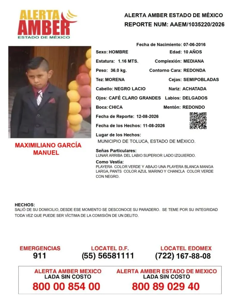Alerta Amber: Se busca a Maximiliano García Manuel, desapareció en Toluca