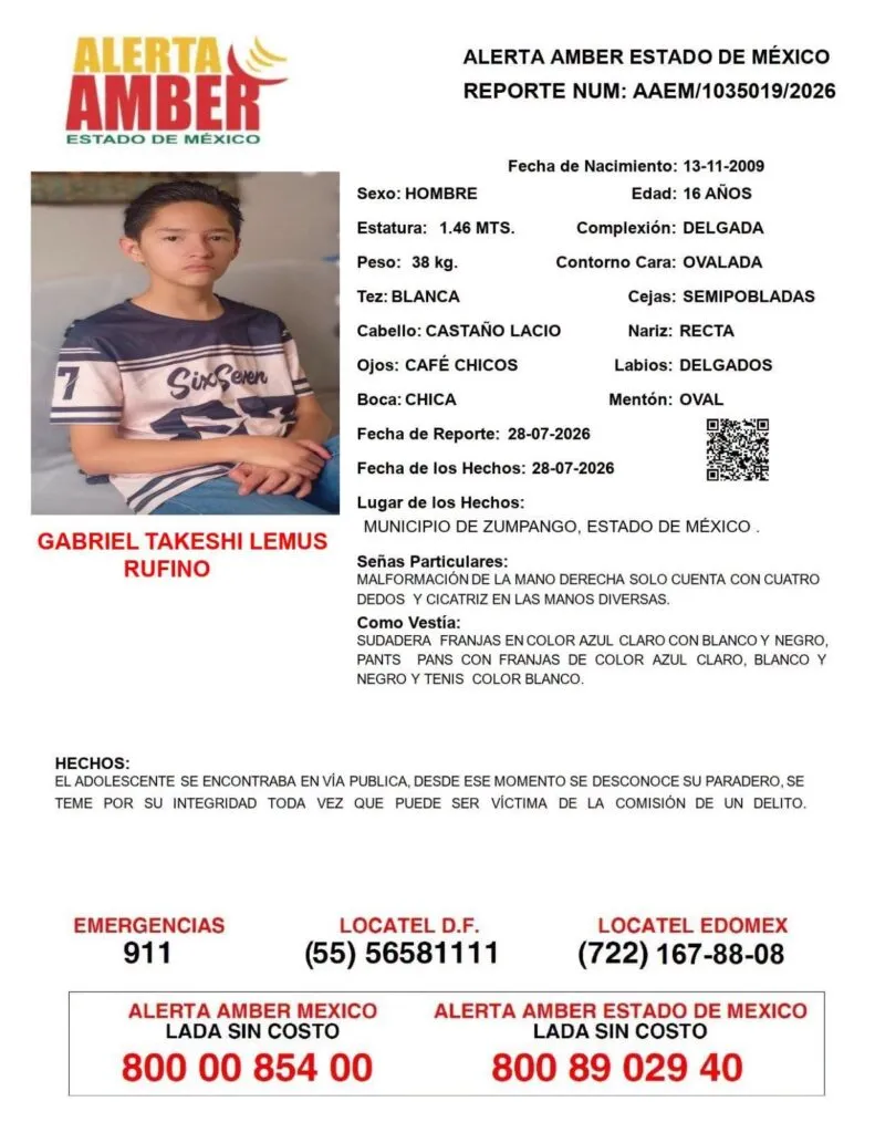 Alerta Amber: Se busca a Gabriel Takeshi Lemus Rufino, desaparecido en  Zumpango