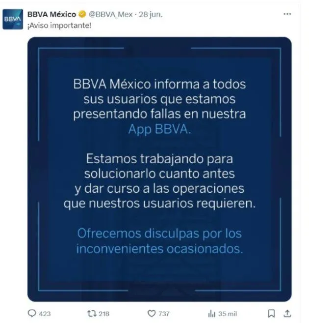 No eres tú es la app, BBVA presenta fallas en plena quincena