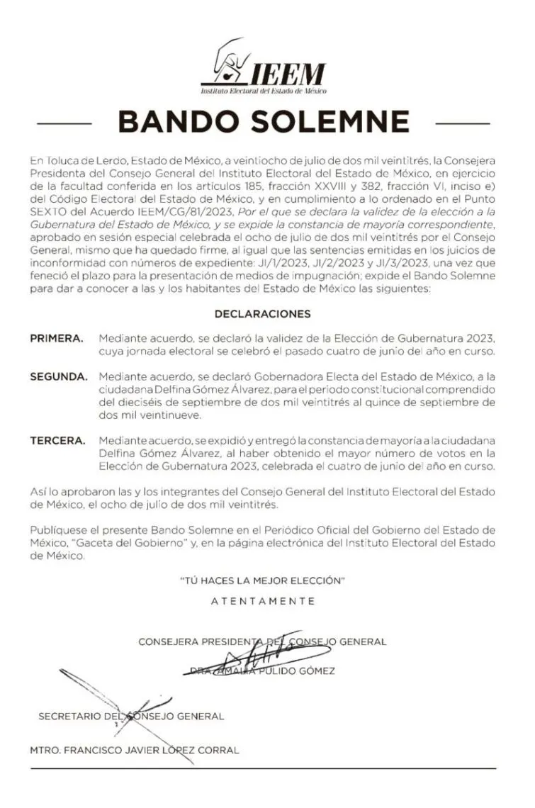 IEEM expide Bando Solemne para declarar a Delfina Gómez como Gobernadora Electa