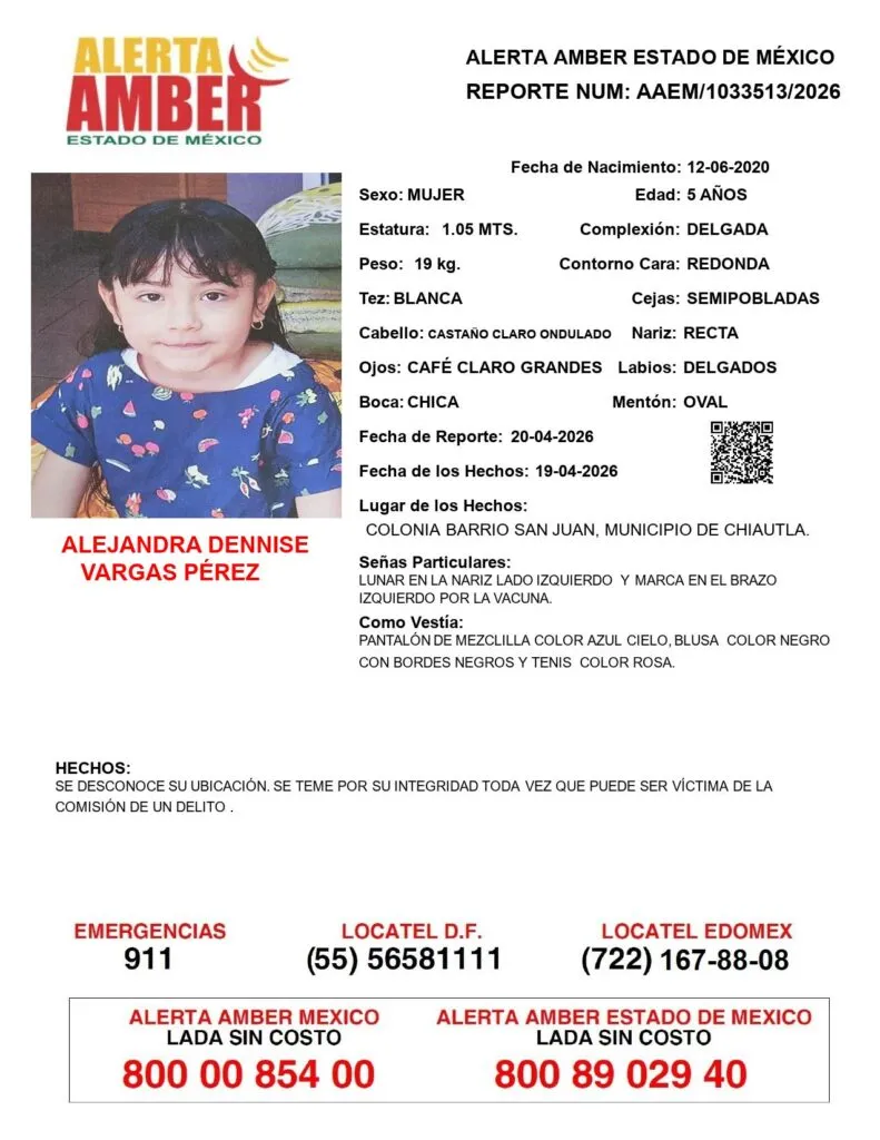 Alerta Amber: Se busca a Alejandra Dennise Vargas Pérez, desaparecida en Chiautla
