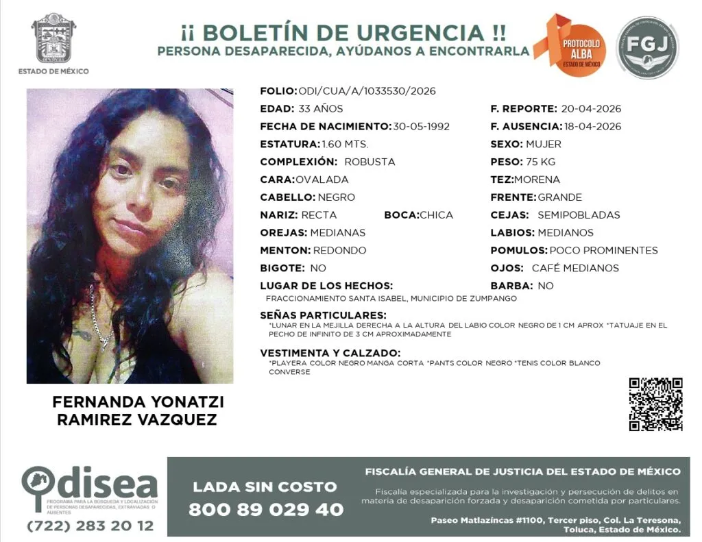 Protocolo Alba: Se busca a Fernanda Yonatzi Ramírez Vázquez de 33 años, desapareció en Zumpango