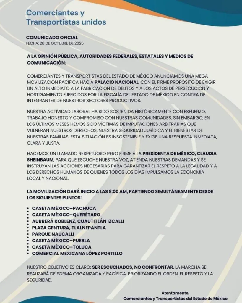 Transportistas anuncian mega movilización pacífica de Edomex a Palacio Nacional