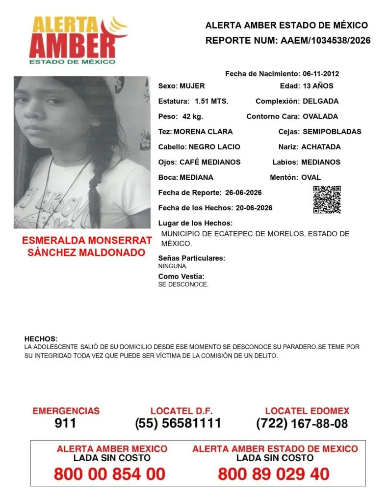 Alerta Amber: Se busca a Esmeralda Monserrar Sánchez Maldonado; desapareció en Ecatepec