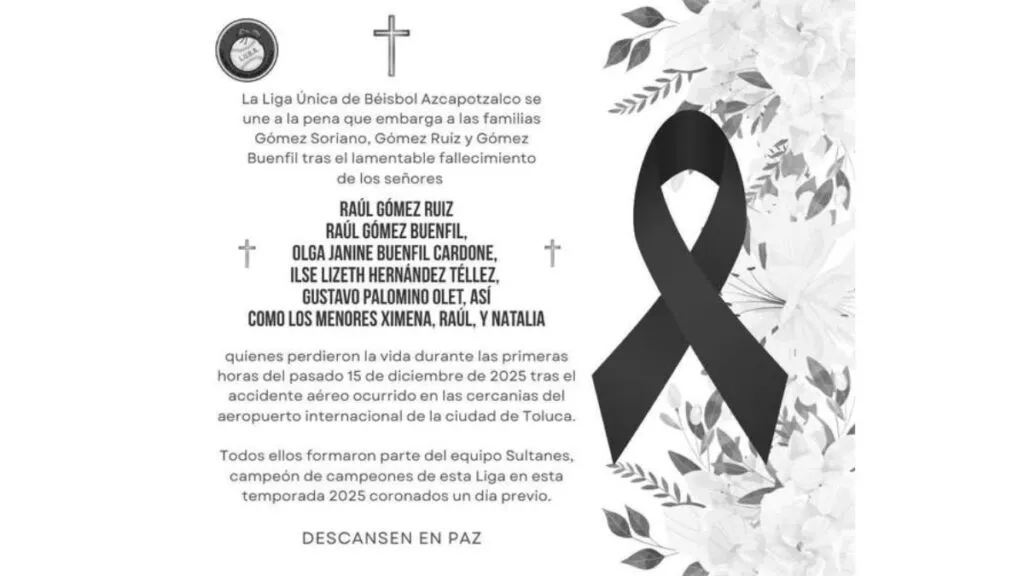 Liga de Beisbol de Azcapotzalco lamenta fallecimiento de familia de aeronave desplomada en Toluca