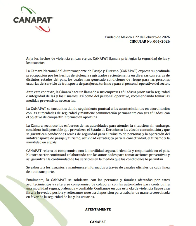 Canapat advierte riesgos en carreteras ante episodios de violencia