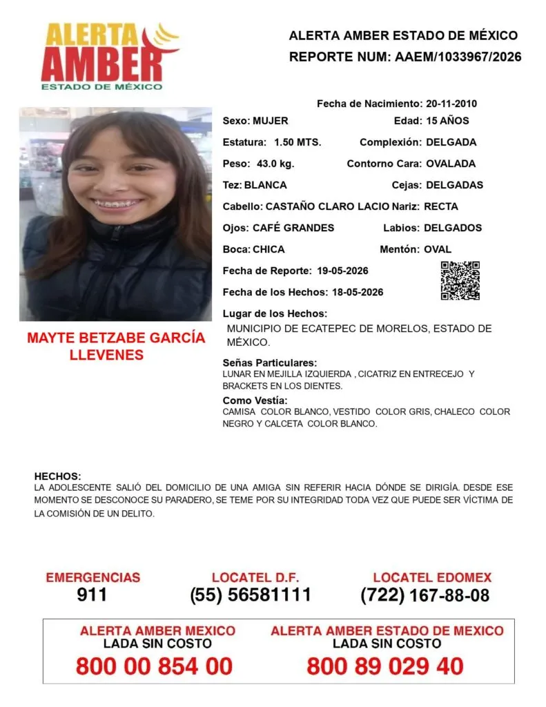 Alerta Amber: Se busca a Mayte Betzabe García Llevenes; desapareció en Ecatepec